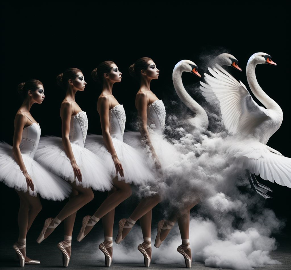 this is an AI generated image of a person changing from a dancer to a swan, and is used to explain the SWANEY anacronym for healing