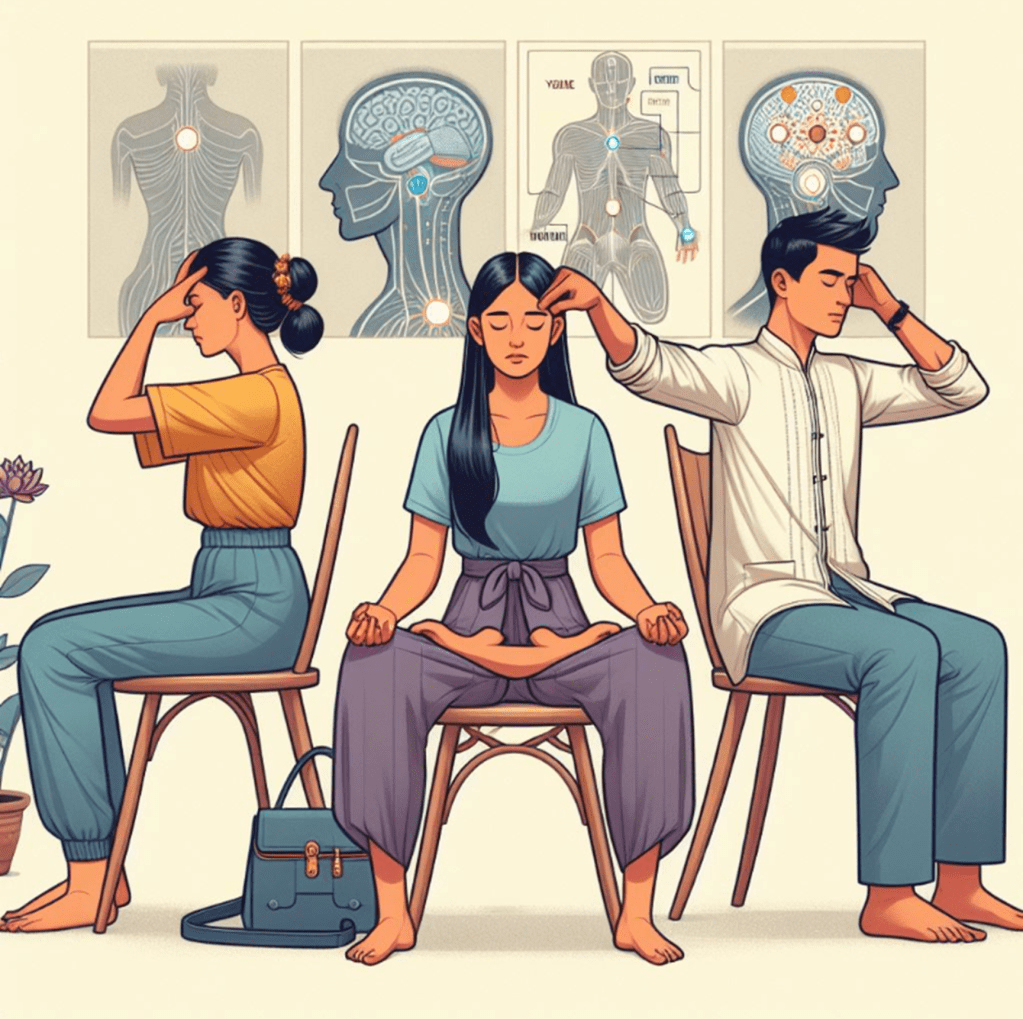 this is an AI generated image of people with migraines doing chair yoga