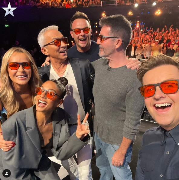 This is an image of Simon Cowell wearing orange-tinted glasses as a treatment to help prevent his migraines.