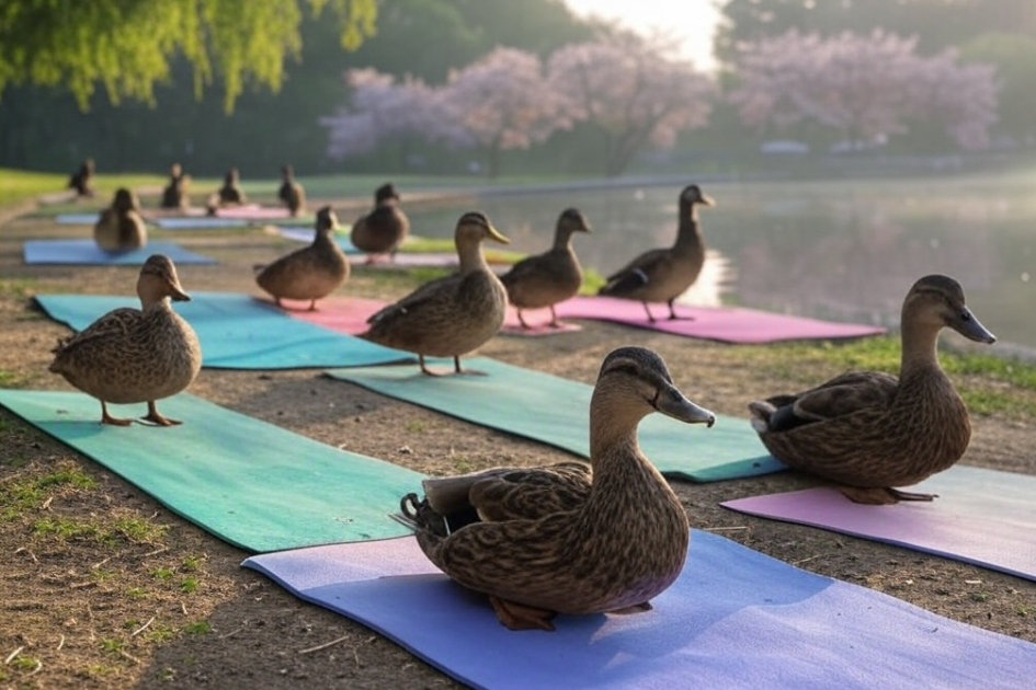a group of ducks on meditation mats
