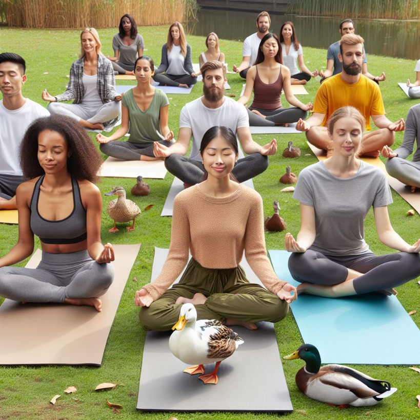 people mediating with duccks on their yoga mats