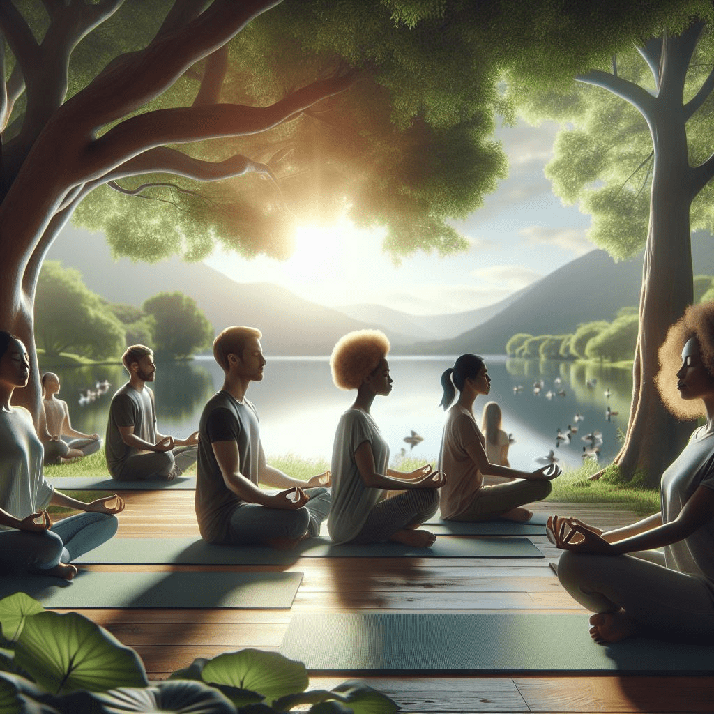 a group of people meditating together in a park with ducks