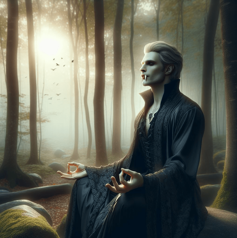 a vampire meditating at dusk in the woods