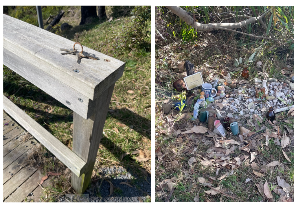 a photo of a key on a fence post beside a phot of a makeshift memorial