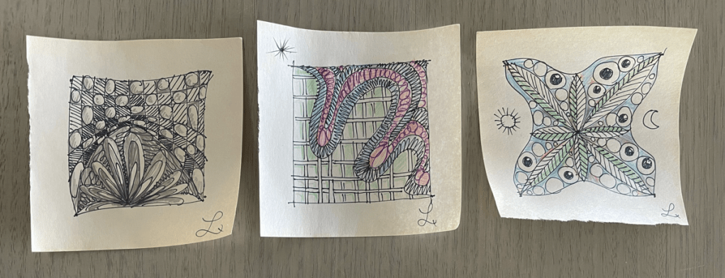 a photo of three zentangle doodles in a row