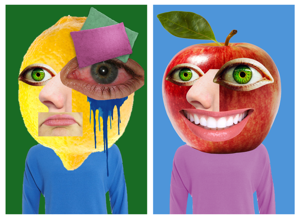 silly clip art collage of a face on a lemon and a face on an apple