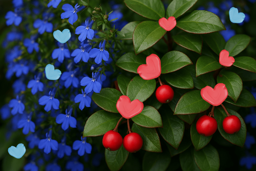 a picture of wintergreen leaves and berries mixed with lobelia and small blue and red hearts