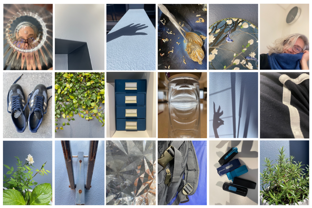 a collage of 18 images taken around the house and garden including USBS, dinner plates, my blue pants and ivy on a blue wall