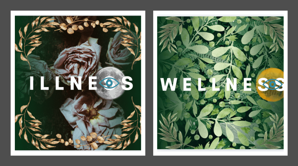 two digital montages for illness and wellness that have dying flowers or lush leaves and the words illness and wellness superimposed over them