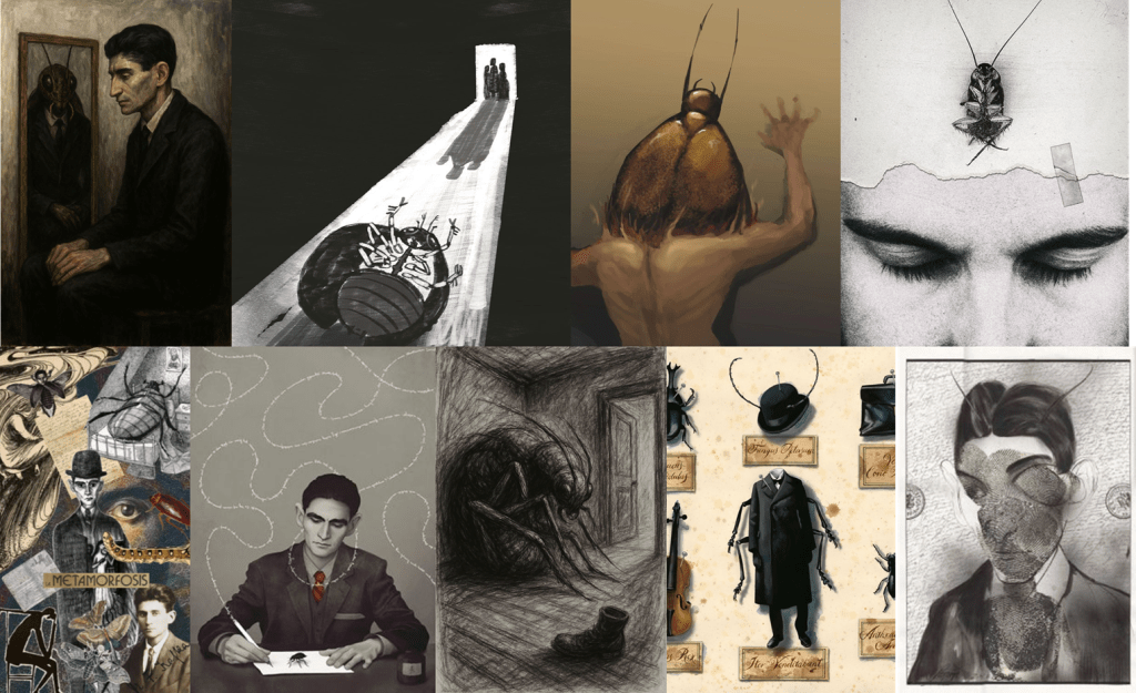 montage of art images showing Kafka and his bug in various styles, merged, morphed or mangled