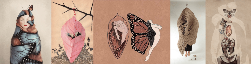 a montage of images showing butterflies and chrysalis and people merged together
