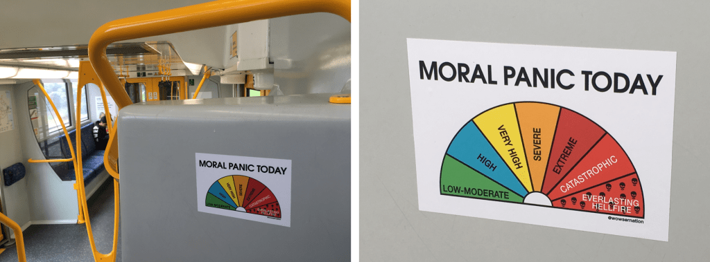 a sticker that looks like a fire sign but actually has a spectrum of moral panic from low-moderate to everlasting hellfire.