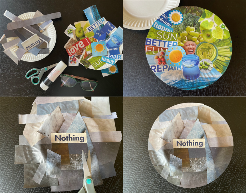 picture of how I made the paper plates - with the gloomy side having the single word NOTHING written in the middle.