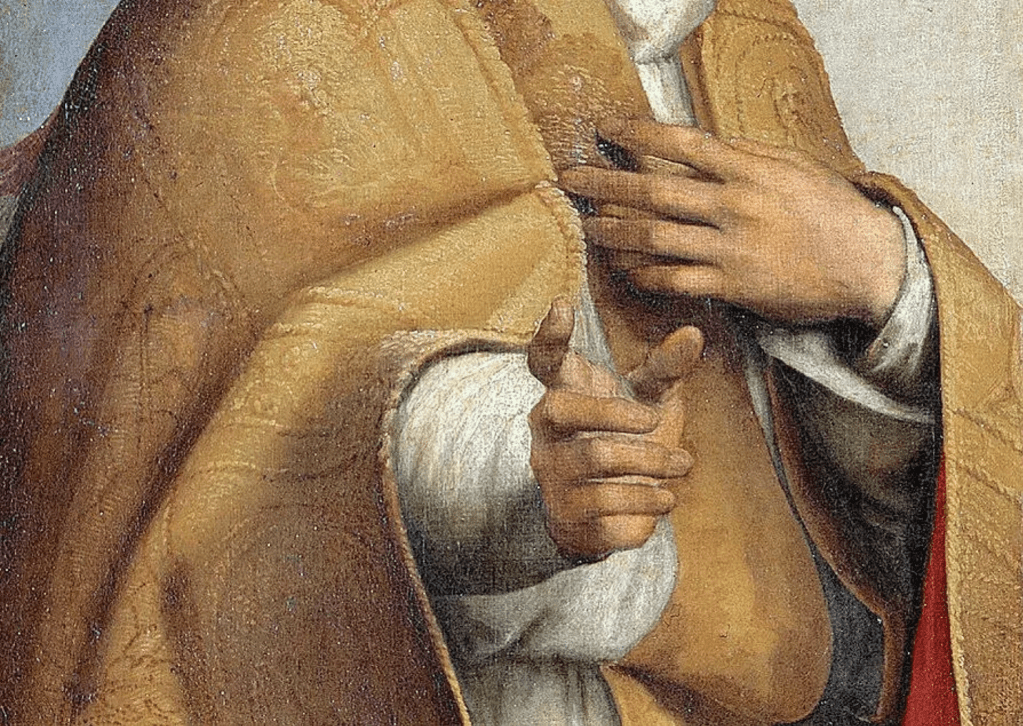 closeup of Pope Sixtus's hand showing 5 fingers