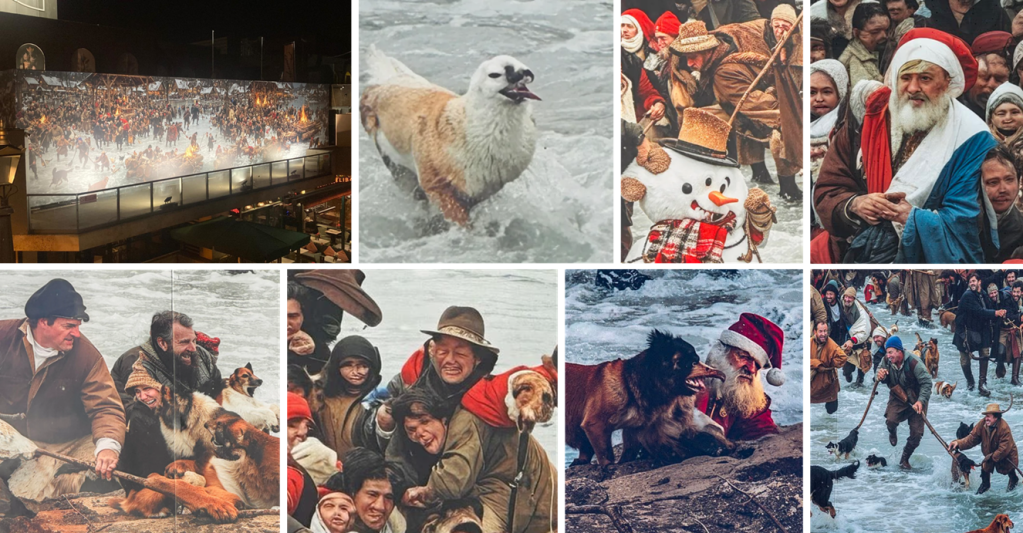 a collage of close ups of the panel showing distorted faces, chicken-dogs and a three-eyed snowman
