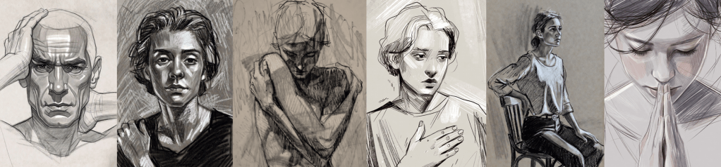 6 small sketches in a row that are showing people in the above holding positions