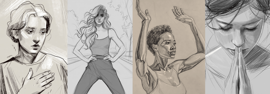 4 sketches showing people standing in the ways described above