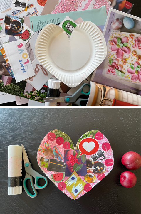 pictures of a paper plate covered in pink and red magazine pictures