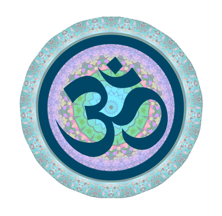 the symbol for om over a blue and purple mandala