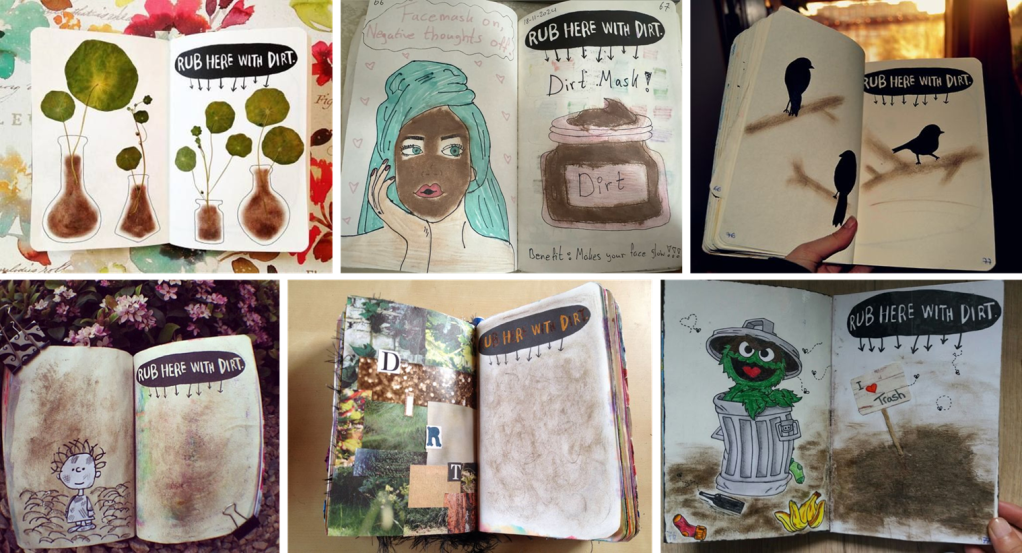 pictures of journals where people have used dirt to make flower pots, a face mask or branches for birds to rest on