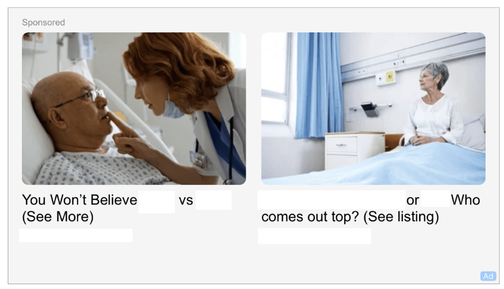 shows an ad in which a nurse or doctor is putting her finger on a patient's lips to hush them