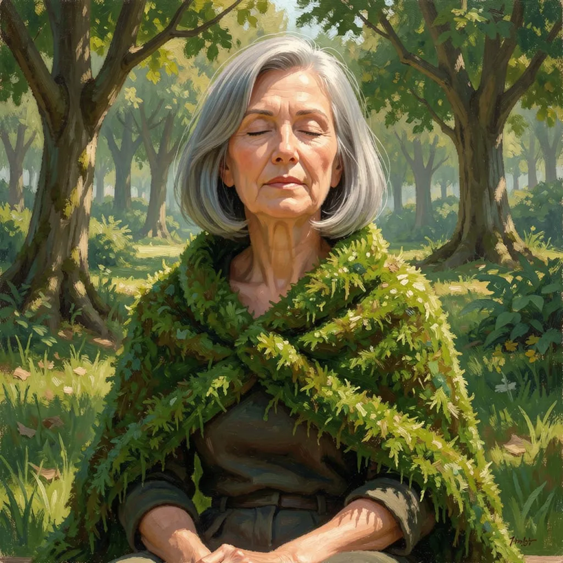 a picture of a grey haired lady, sitting in a park, with a mossy blanket wrapped around her shoulders as she meditates