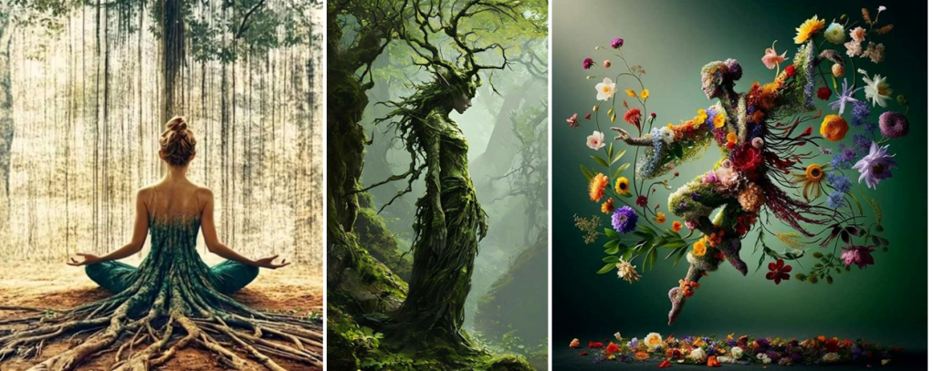 AI art of a lady rooted to the ground in meditation, another lady who is a tree, and another of a lady made of flowers dancing.