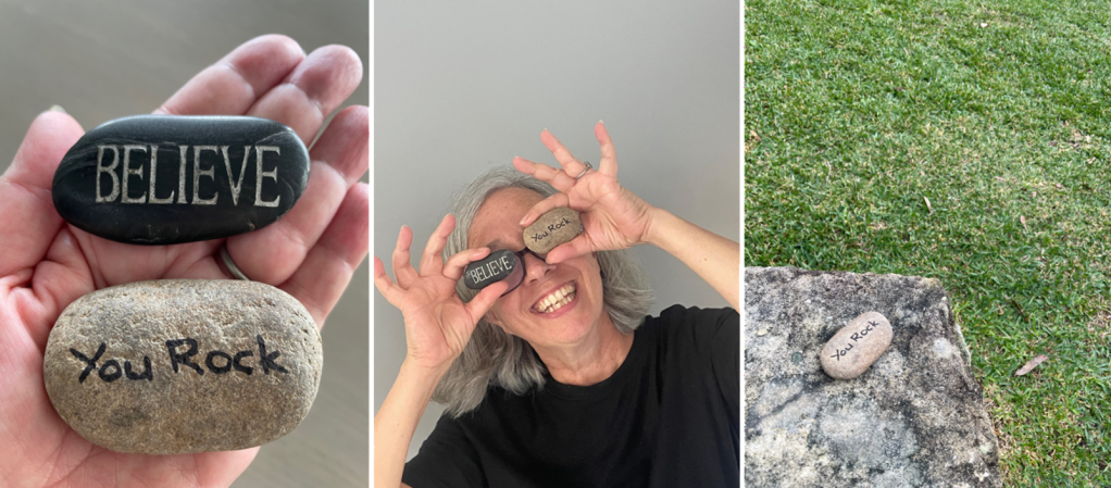 three pictures, one with two rocks in my hand - one says believe the other says you rock - then the same rocks are held up in front of my face, and in the third there is a rock on a bigger rock at the park