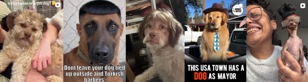 5 images of dogs that look like humans, wearing hats etc