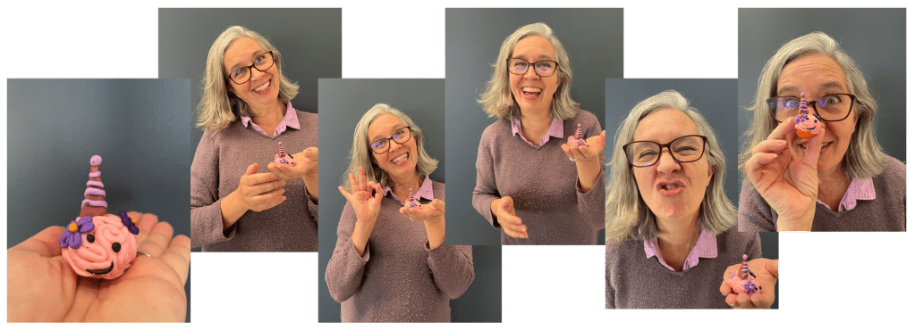 me pulling funny faces as I hold a small pink polymer brain up to the camera